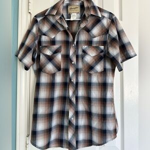 Wrangler Western Shirt Small Mens Brown/Black/White Pearl Snap S/S Plaid Cowboy